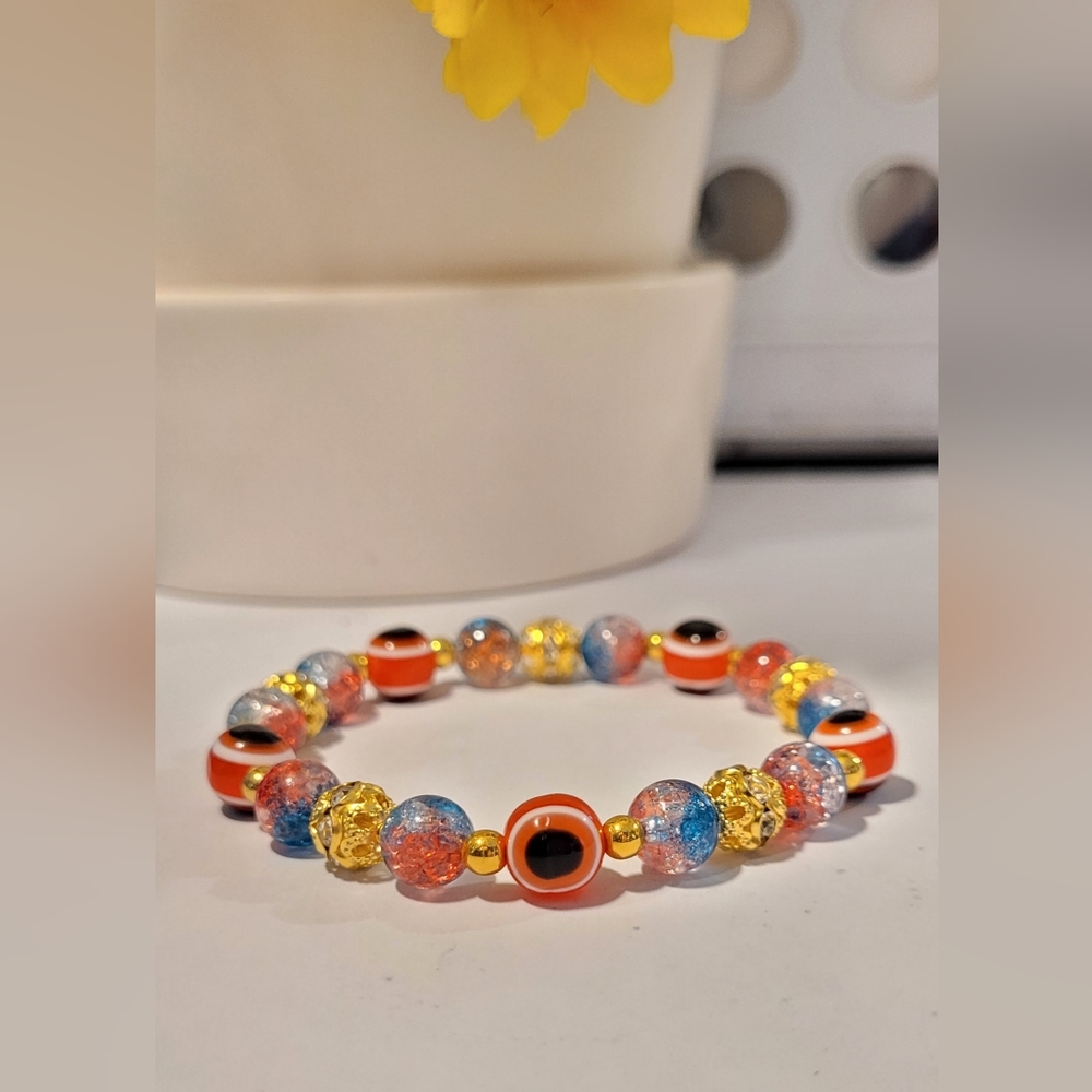 Orange and blue Evil Eye Beaded Stretch Protection Mal De Ojo Fashion Bracelet